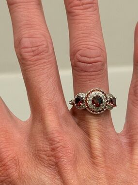 Bomb Party NWOT! Three-Stone Garnet and Sterling Silver Halo Ring